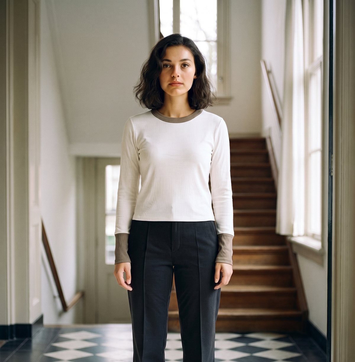 Cream long-sleeve top with contrast trim