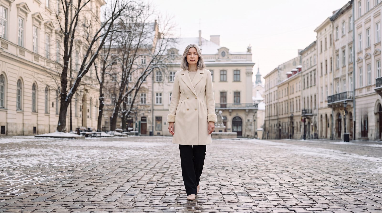 Woman in a cream double-breasted coat on a snowy city square