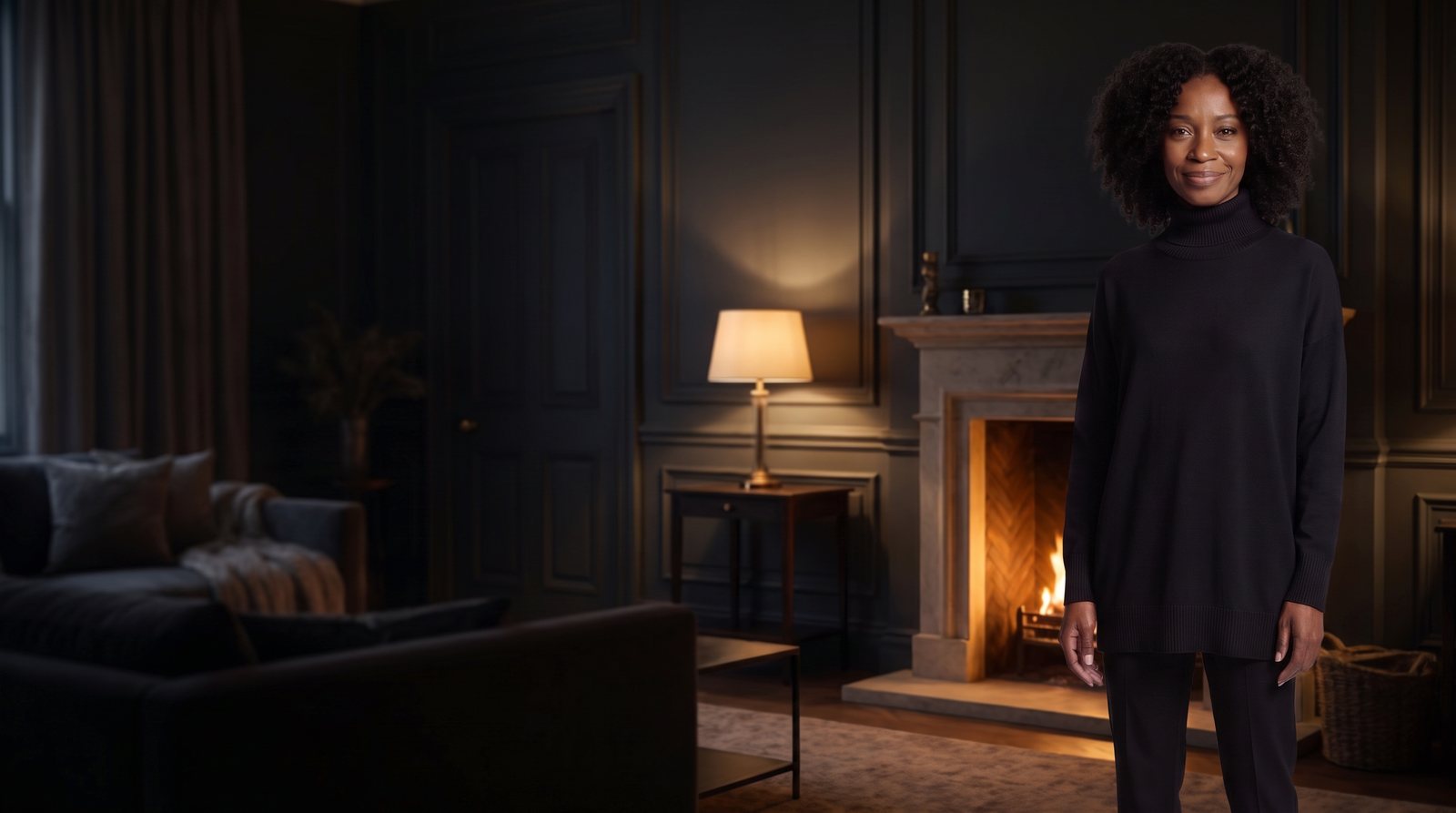 Black oversized turtleneck sweater by the fireplace